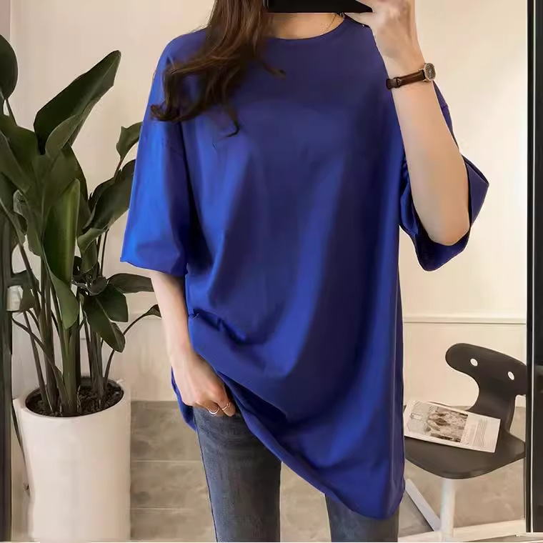 韓版 百搭 中長款 純色 短袖 遮肚子 寬鬆 T恤