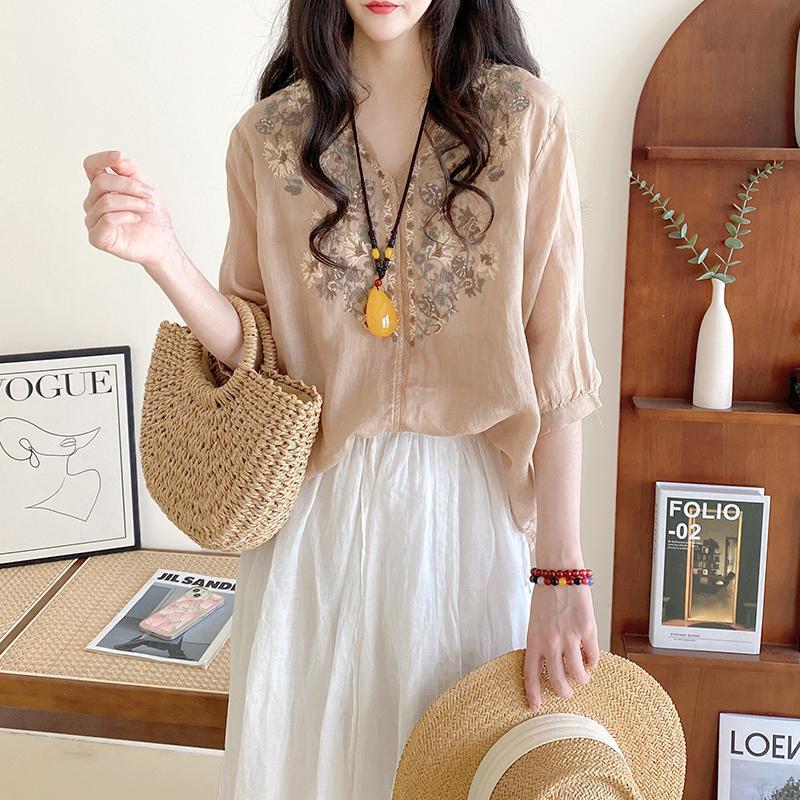 文藝 通勤 寬鬆 v領 套頭 繡花 中袖 娃娃衫 襯衫