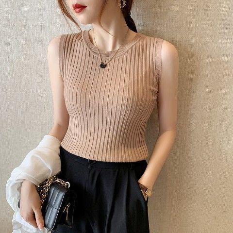 超高C/P值 百搭小可愛 外穿背心 緊身短款小吊帶冰絲薄款針織衫無袖上衣