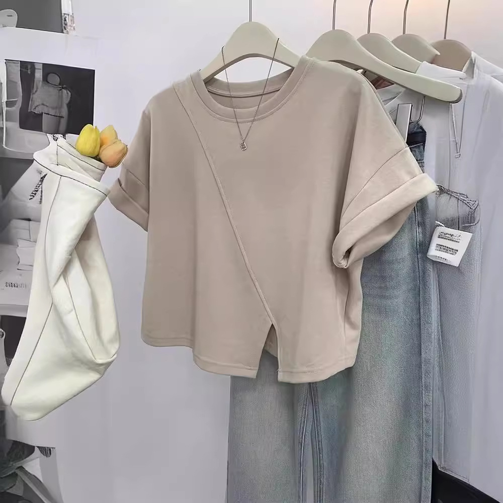 百搭時髦 設計感 開叉 純色 顯瘦 純棉 圓領 不規則 短袖 T恤