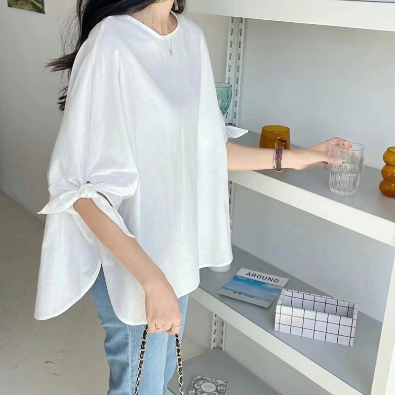 蝴蝶結綁帶 棉麻簡約圓領套頭連肩七分袖襯衫 上衣TOP喇叭袖寬鬆遮肉顯瘦