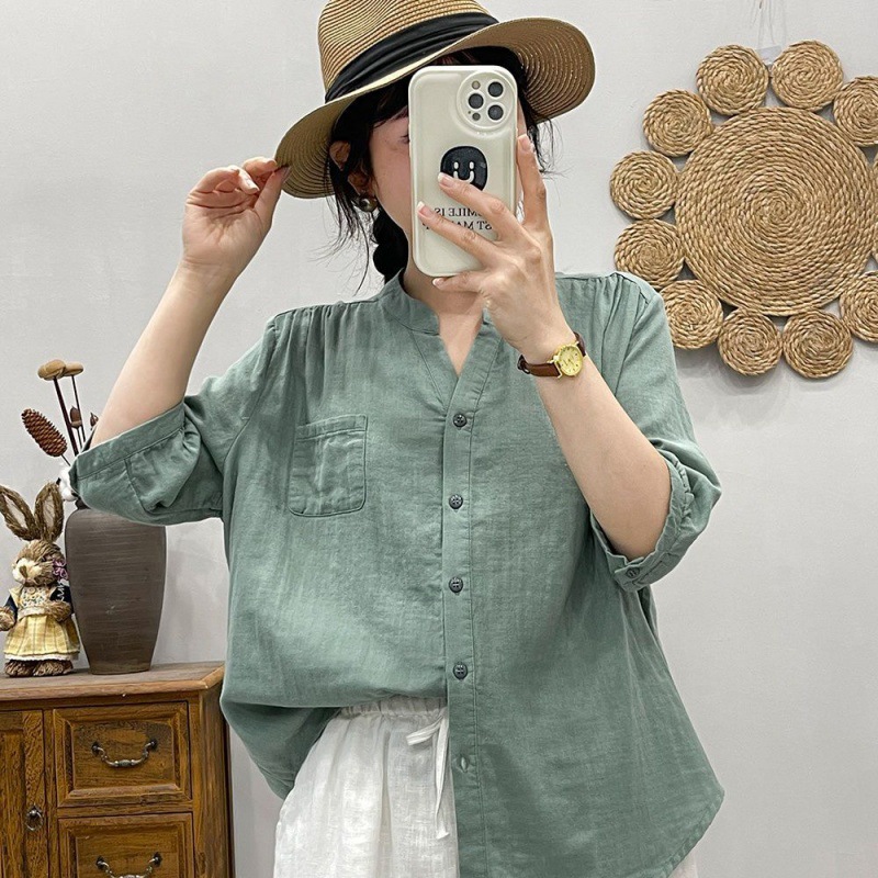 韓版 復古 小V領 寬鬆 休閒 簡約 七分袖 襯衫