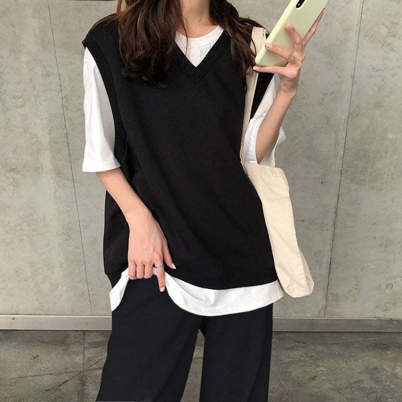 三件套裝 韓版純色寬鬆短袖T 白T 馬甲背心 闊腳寬褲三件套