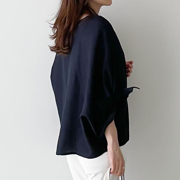 蝴蝶結綁帶 棉麻簡約圓領套頭連肩七分袖襯衫 上衣TOP喇叭袖寬鬆遮肉顯瘦