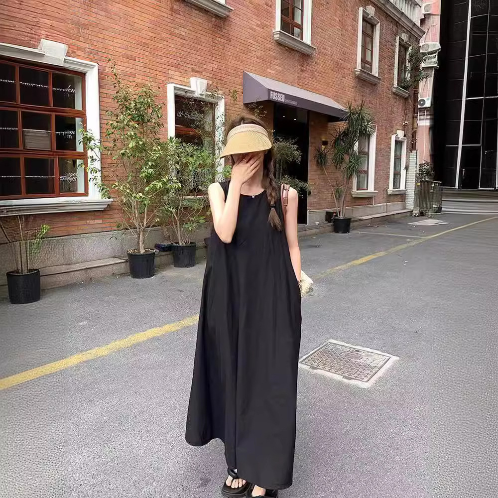 園遊會韓版氣質無袖踏青洋裝  寬鬆後背鏤空設計感圓領長款背心裙
