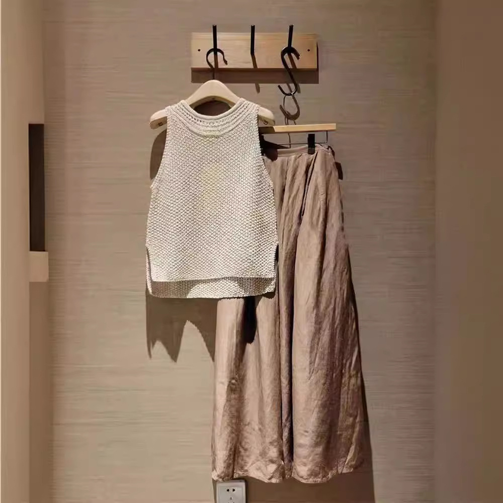 【單品購買】高級時尚氣質兩件套 無袖垂墜感 休閒韓風背心+闊腳寬褲 針織緞面慵懶風穿搭