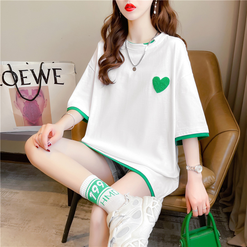 愛心 刺繡 假兩件短袖 T恤 設計感 小眾 閨蜜 情侶裝 半袖 上衣