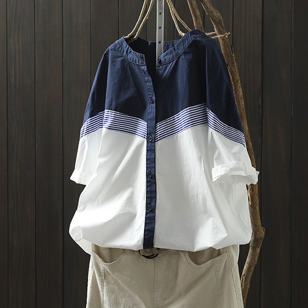 溫柔好感 撞色 拼接 立領 條紋 設計感 寬鬆 休閒 氣質 純棉 短袖 襯衫