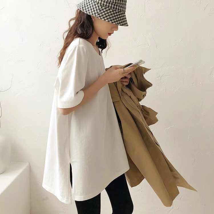 視覺系 休閑 簡約 開叉 套頭 圓領 短袖 素面 遮肉 居家 涼感 T恤
