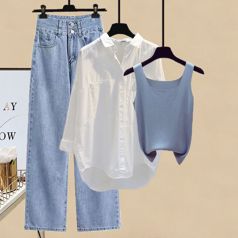 【單品可選】簡約好搭 溫柔 白色襯衫+洋氣 顯瘦 背心+藍色牛仔褲 三件套