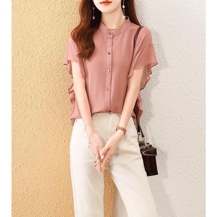 透膚清涼百搭雪紡襯衫 寬鬆顯瘦上衣 飛飛袖飛鼠袖 喇叭袖 荷葉邊 花邊 純色襯衫