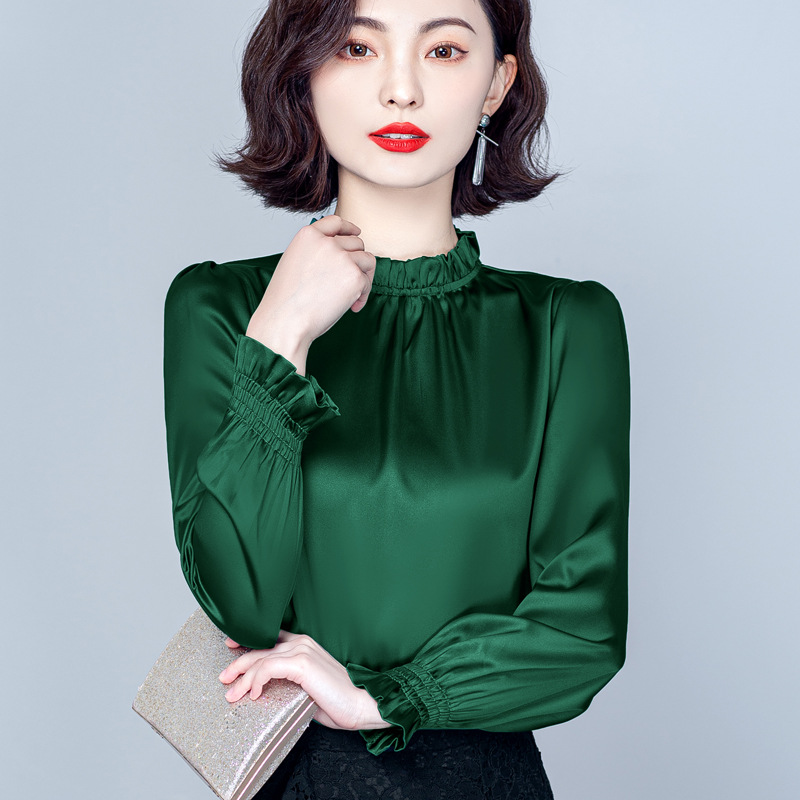 早春壓褶荷葉邊邊襯衫 內搭上衣女緞面歐美內搭上衣溫柔風泡泡袖上衣