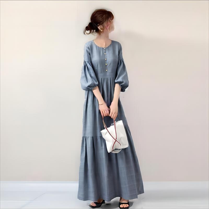 日系 純色顯瘦 燈籠袖 圓領 蛋糕裙 長款 休閒洋裝