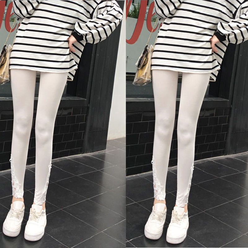 高彈 彈力棉蕾絲九分褲 外穿長褲蕾絲高腰顯瘦彈力緊身百搭九分褲薄