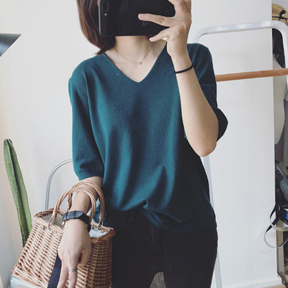 *11色可選 半袖/五分袖/長袖冰絲針織V領T恤上衣 新款新色 純色短袖T恤顯白V領休閒針織衫