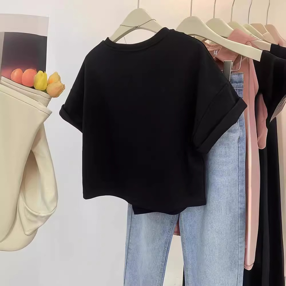 百搭時髦 設計感 開叉 純色 顯瘦 純棉 圓領 不規則 短袖 T恤