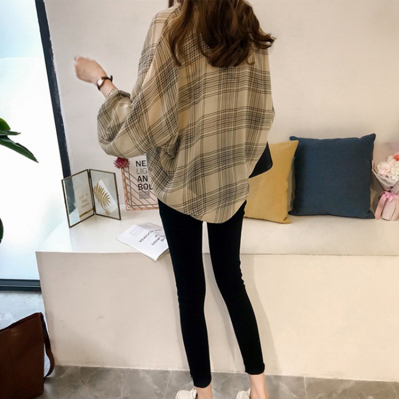 英倫風格紋 翻領 單排釦 燈籠袖 寬鬆 襯衫