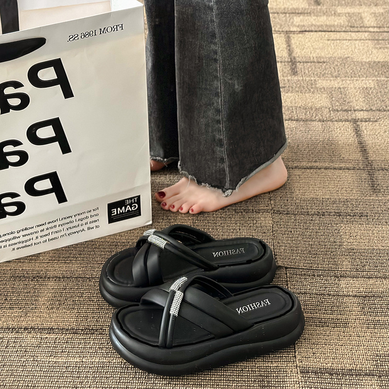 自訂韓版高級感水鑽厚底沙灘鞋 夏季外穿軟底防滑涼鞋