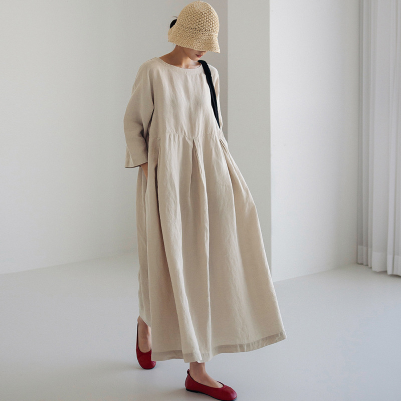 日韓版純色棉麻圓領寬鬆洋裝 寬鬆大碼韓版棉麻風純色過膝長裙大擺裙