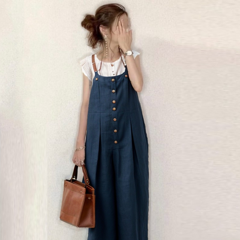 實現一件穿搭理想 無袖可調節背帶褲 夏日搭配女拼接紐扣 吊帶褲背心褲休閒褲