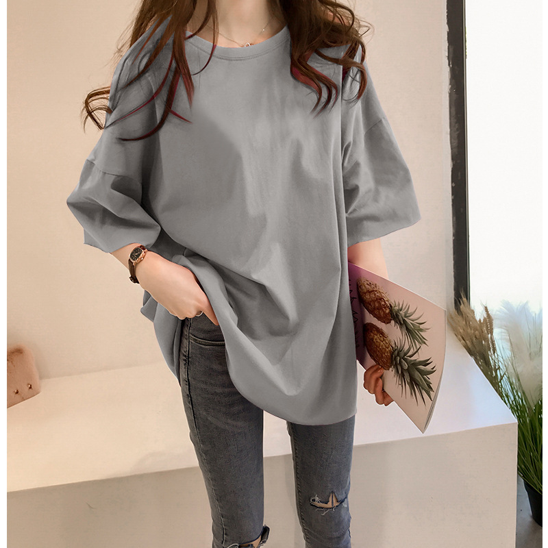 韓版 百搭 中長款 純色 短袖 遮肚子 寬鬆 T恤