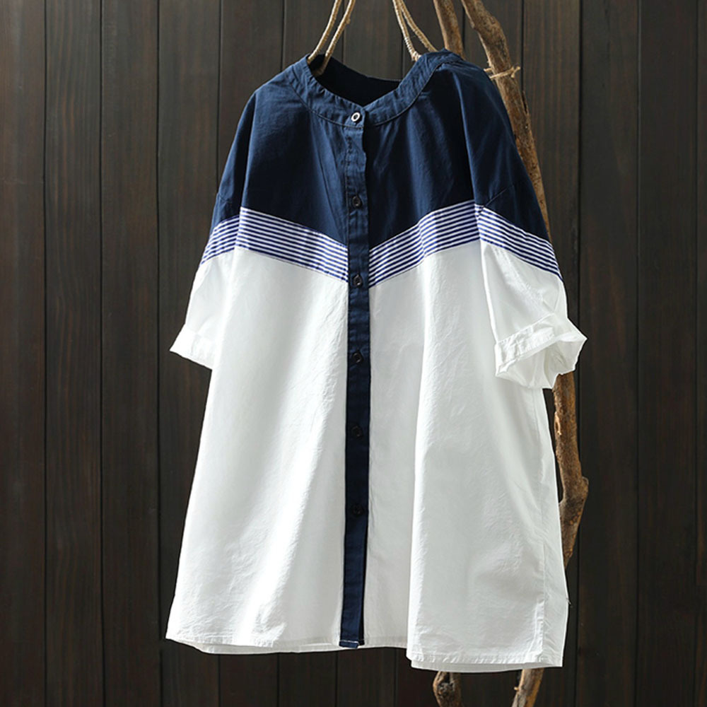 溫柔好感 撞色 拼接 立領 條紋 設計感 寬鬆 休閒 氣質 純棉 短袖 襯衫