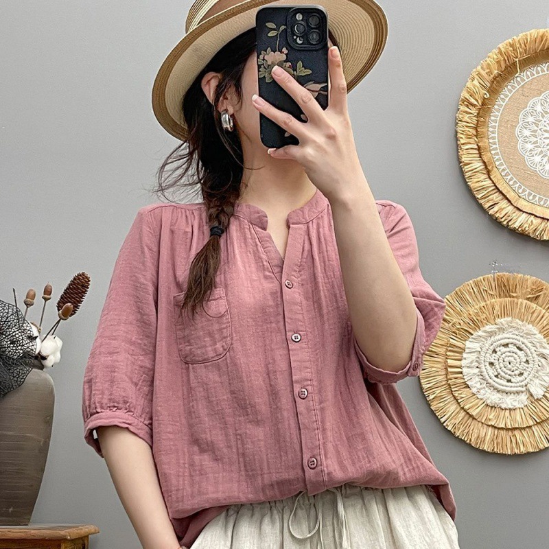 韓版 復古 小V領 寬鬆 休閒 簡約 七分袖 襯衫