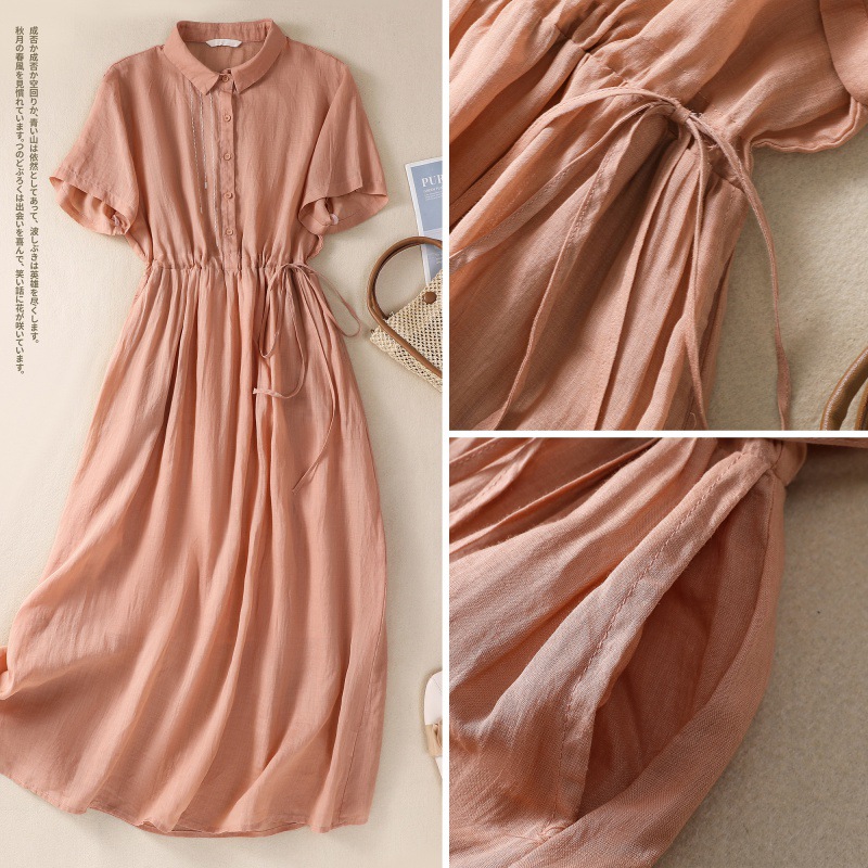 必備百搭款 氣質 棉麻 收腰抽繩 襯衫長裙 休閒洋裝