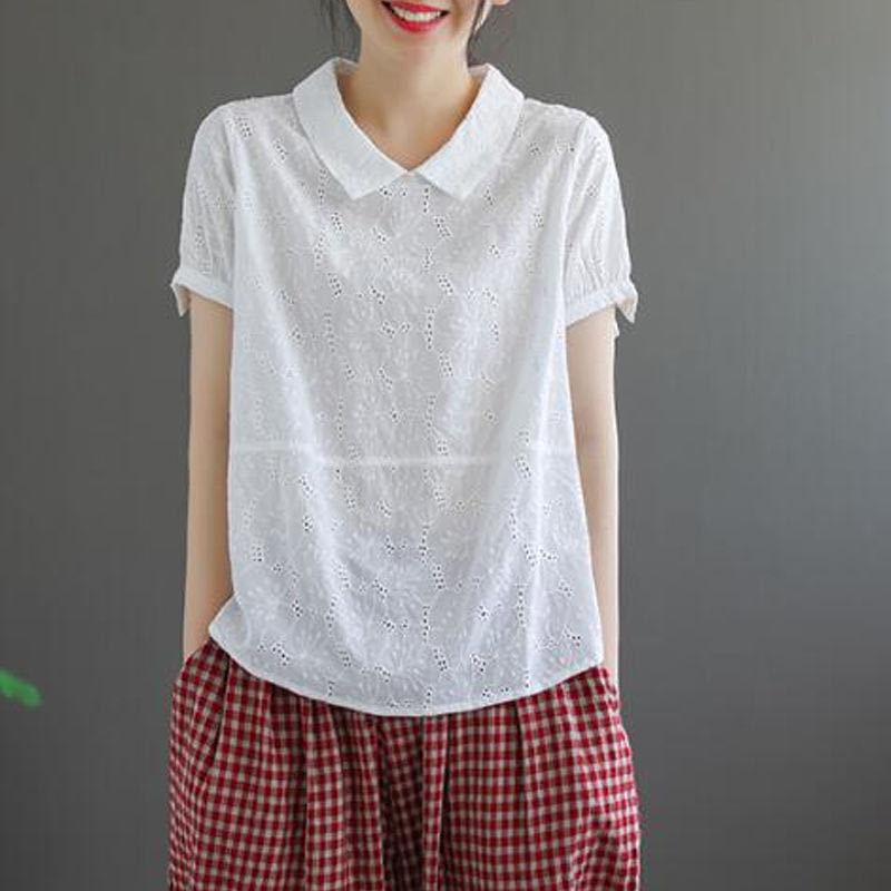 鏤空蕾絲文藝復古寬鬆顯瘦娃娃領短袖T恤 法式99支純細支亞麻襯衫