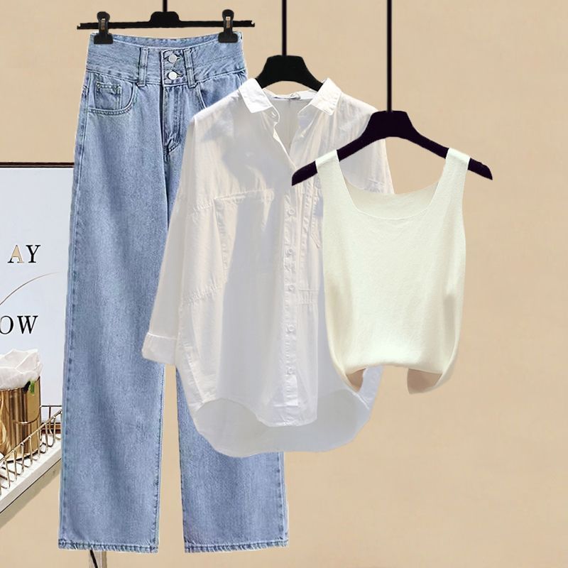 【單品可選】簡約好搭 溫柔 白色襯衫+洋氣 顯瘦 背心+藍色牛仔褲 三件套