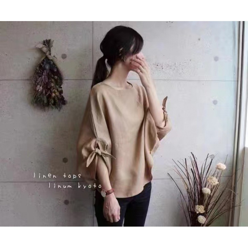 蝴蝶結綁帶 棉麻簡約圓領套頭連肩七分袖襯衫 上衣TOP喇叭袖寬鬆遮肉顯瘦