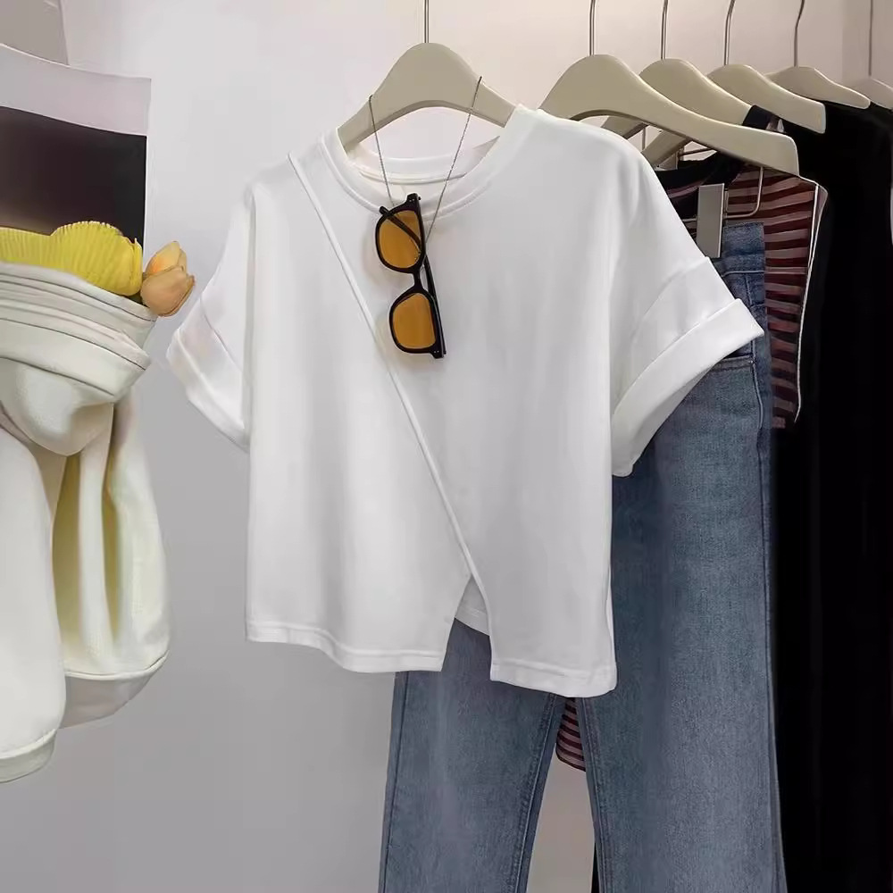 百搭時髦 設計感 開叉 純色 顯瘦 純棉 圓領 不規則 短袖 T恤