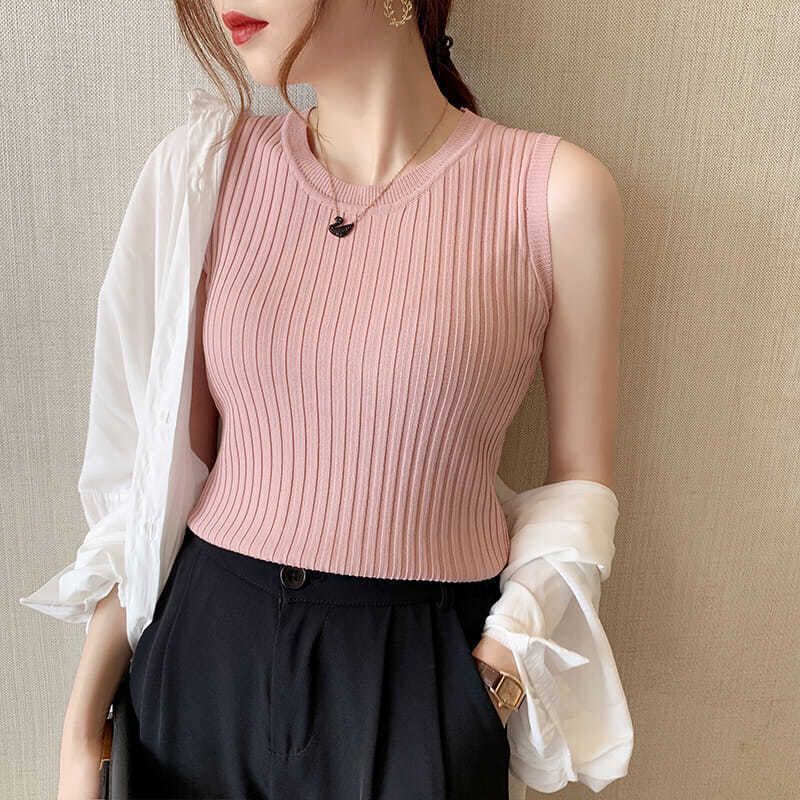 超高C/P值 百搭小可愛 外穿背心 緊身短款小吊帶冰絲薄款針織衫無袖上衣