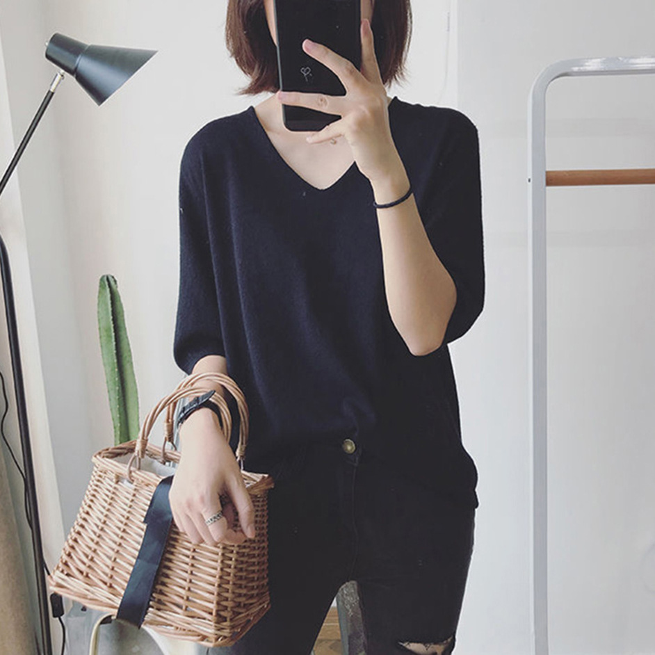 *11色可選 半袖/五分袖/長袖冰絲針織V領T恤上衣 新款新色 純色短袖T恤顯白V領休閒針織衫