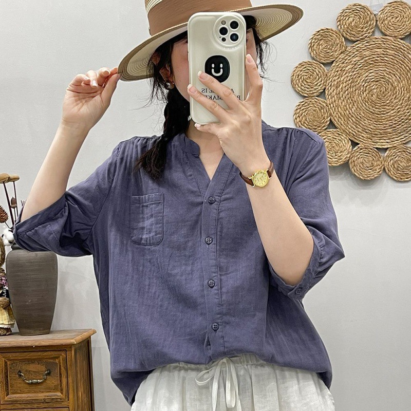 韓版 復古 小V領 寬鬆 休閒 簡約 七分袖 襯衫
