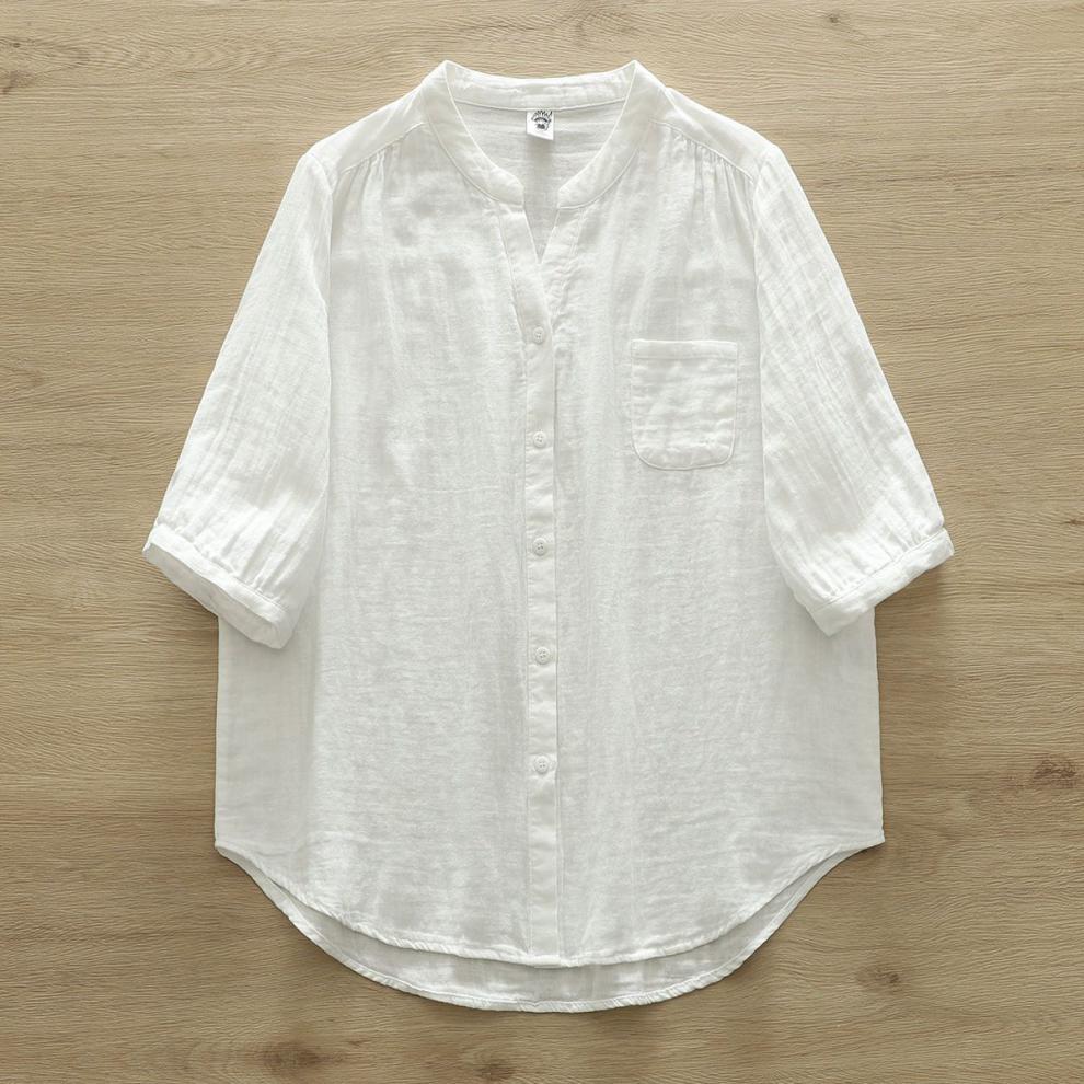 韓版 復古 小V領 寬鬆 休閒 簡約 七分袖 襯衫