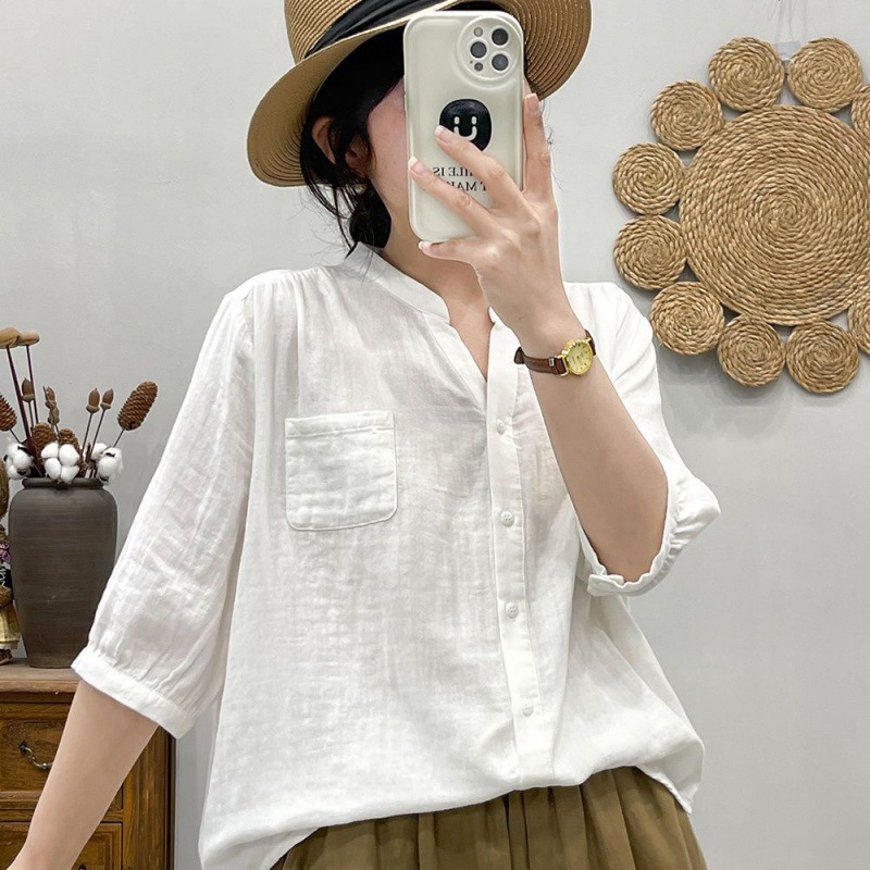 韓版 復古 小V領 寬鬆 休閒 簡約 七分袖 襯衫