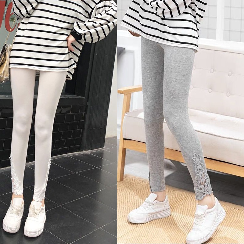 高彈 彈力棉蕾絲九分褲 外穿長褲蕾絲高腰顯瘦彈力緊身百搭九分褲薄