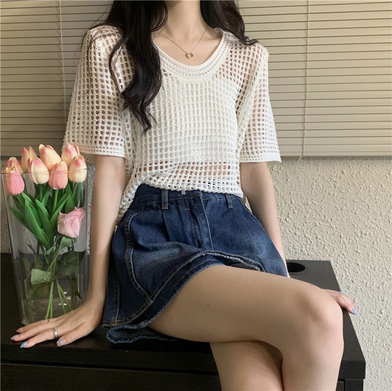 夏季薄款 輕便設計 鏤空短袖襯衫寬鬆百搭上衣