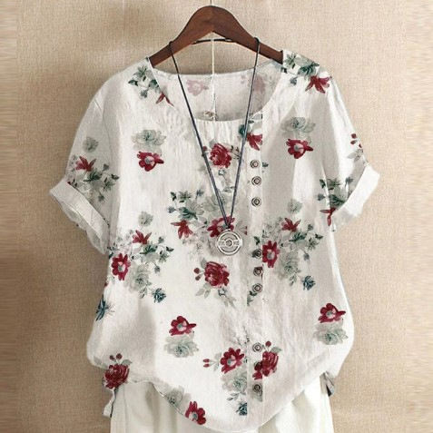 印花復古棉麻短袖T恤 寬鬆休閒短袖襯衫