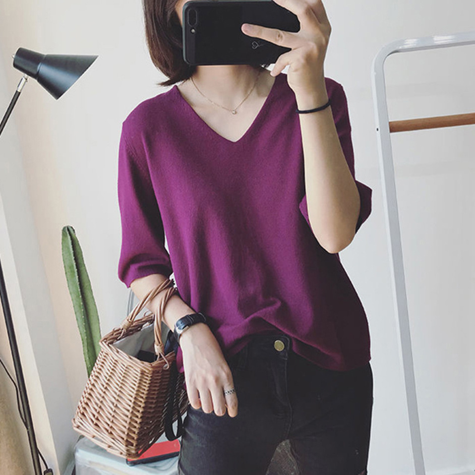 *11色可選 半袖/五分袖/長袖冰絲針織V領T恤上衣 新款新色 純色短袖T恤顯白V領休閒針織衫