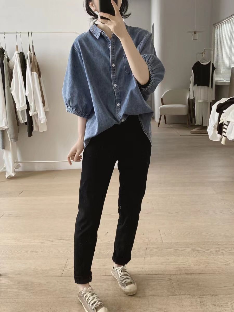 復古 小眾 設計感 寬鬆 顯瘦 簡約 燈籠袖 五分袖 牛仔襯衫