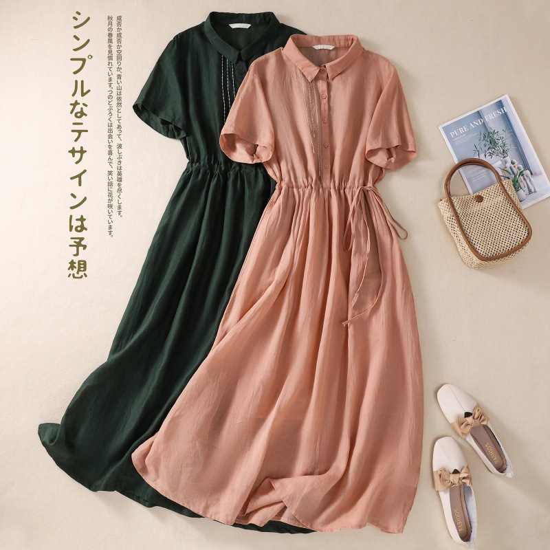 必備百搭款 氣質 棉麻 收腰抽繩 襯衫長裙 休閒洋裝