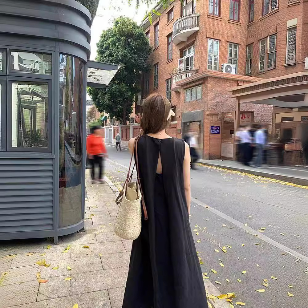 園遊會韓版氣質無袖踏青洋裝  寬鬆後背鏤空設計感圓領長款背心裙