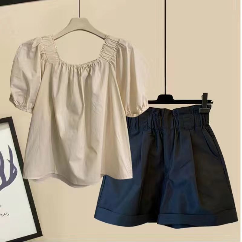 【單品可選】方領寬鬆泡泡袖襯衫+寬鬆高腰顯瘦工裝短褲套裝