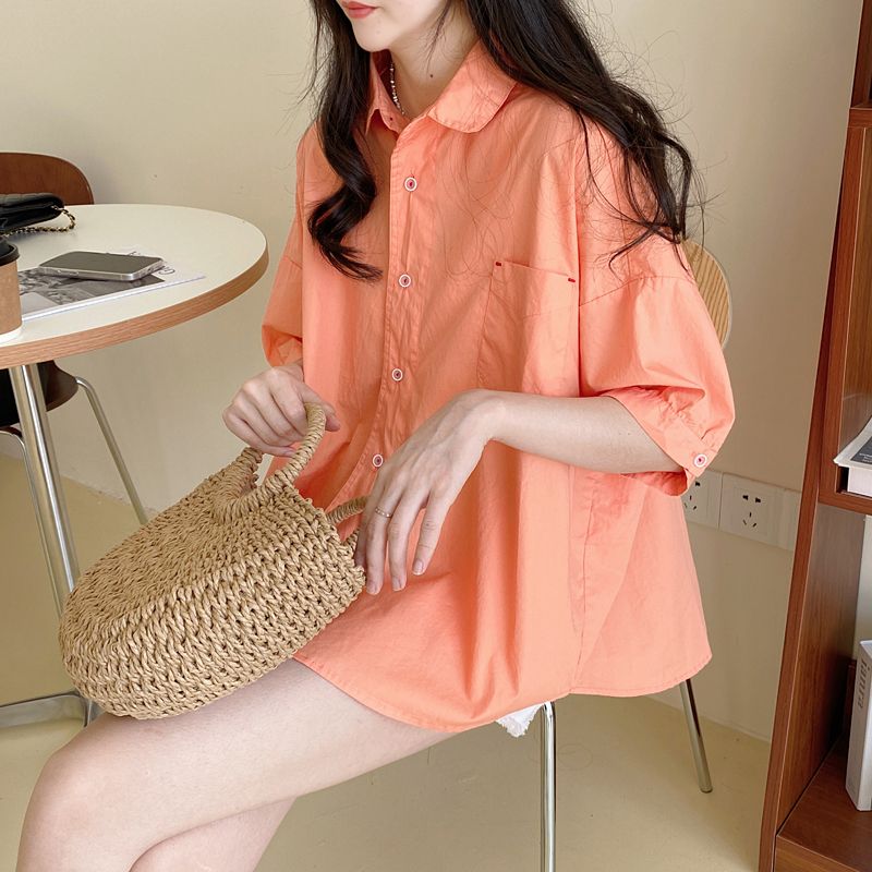 襯衫 時尚 夏季 薄款 娃娃領 A字 斗篷 純色 中袖 上衣