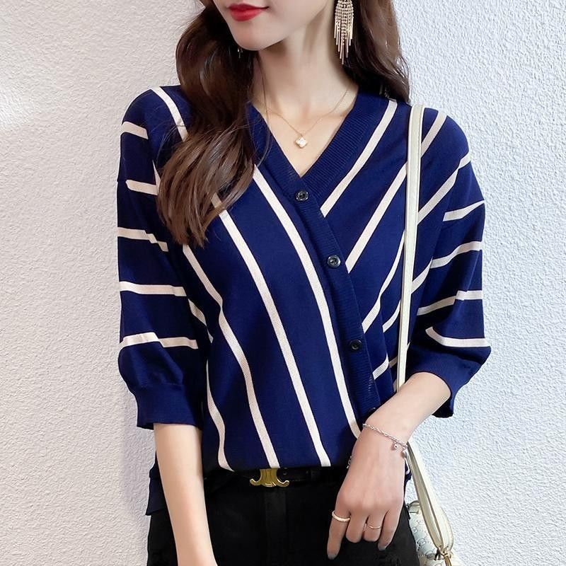 冰絲五分袖針織衫 條紋短袖t恤 寬鬆港風日系半袖上衣 夏新款v領薄IG潮