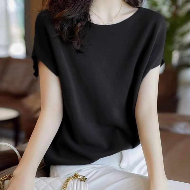 法式 圓領 素面 寬鬆 薄款 針織 T恤