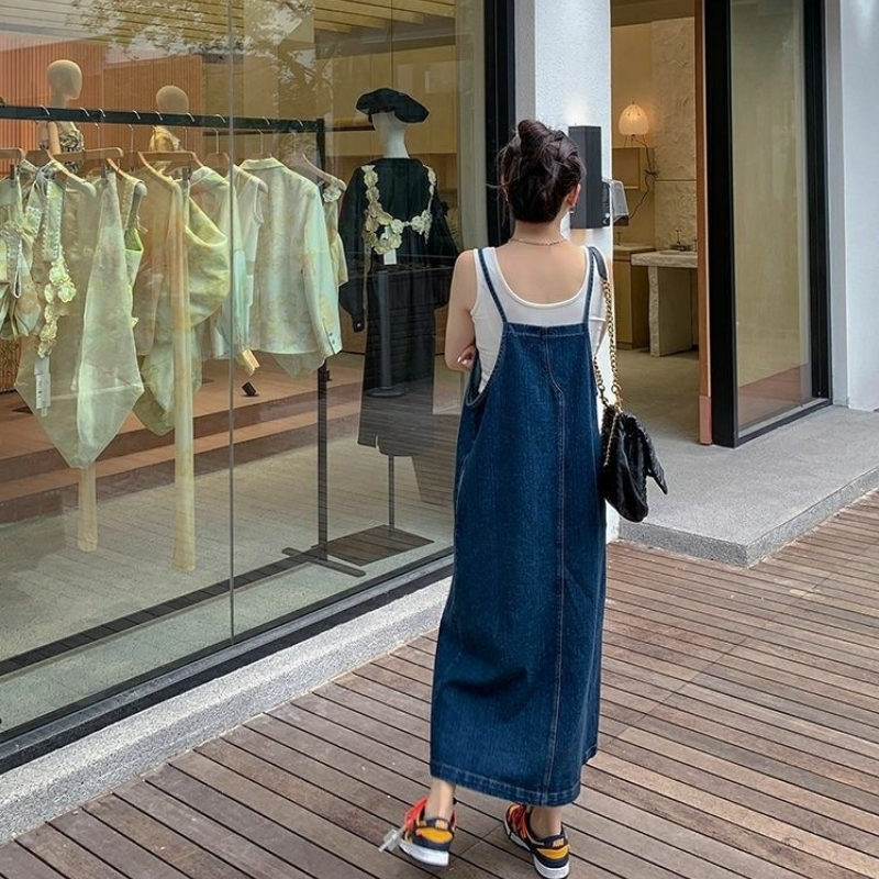 清新韓系 視覺細 無袖 套頭 簡約 素面 休閒 牛仔洋裝