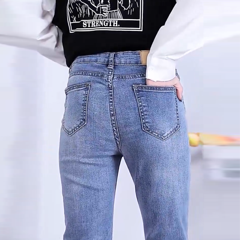 韓版東大門自訂大尺碼女裝 顯瘦褲子高腰彈力破洞牛仔褲女九分褲潮